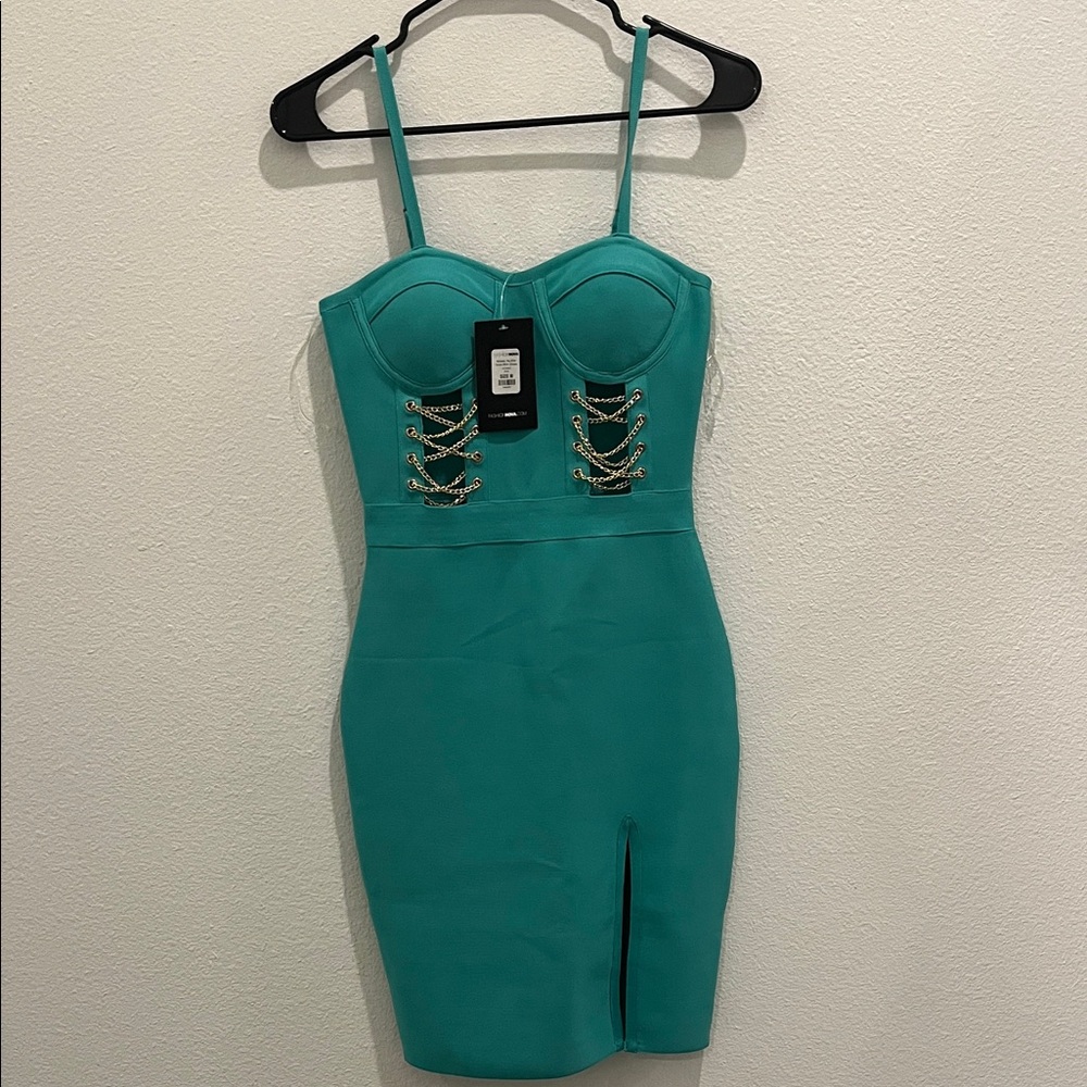 Fashion Nova Teal Mini Dress with Gold Accents